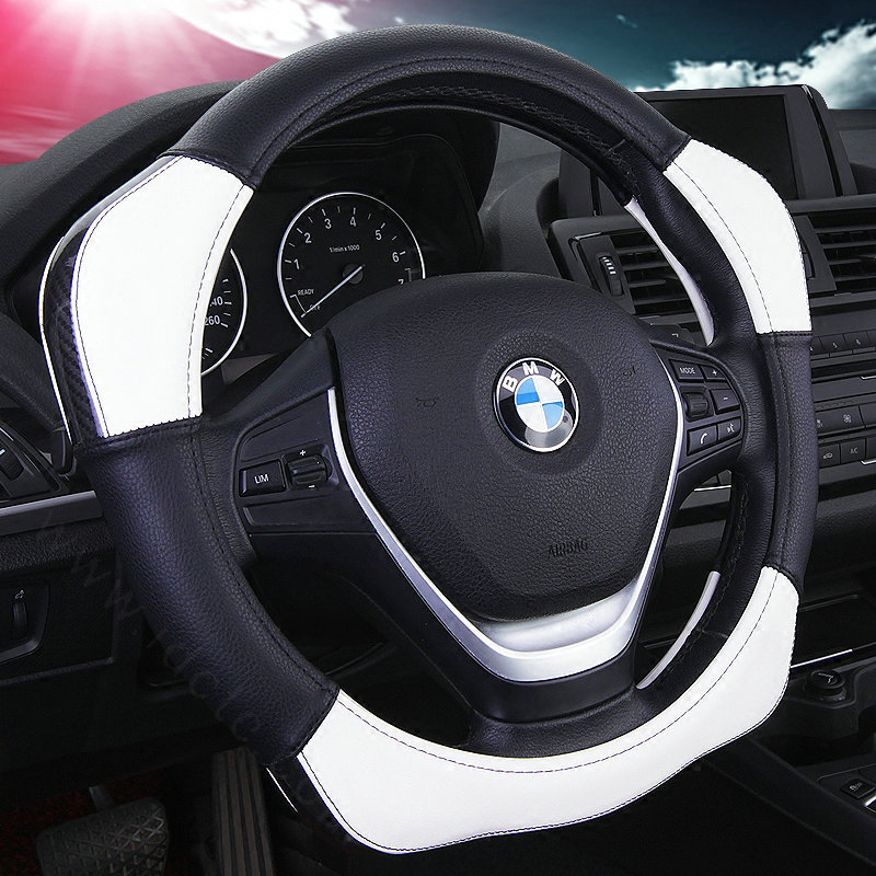 Sports Handle Grip Car Steering Wheel Covers Genuine Leather 15 inch 38CM - White Black