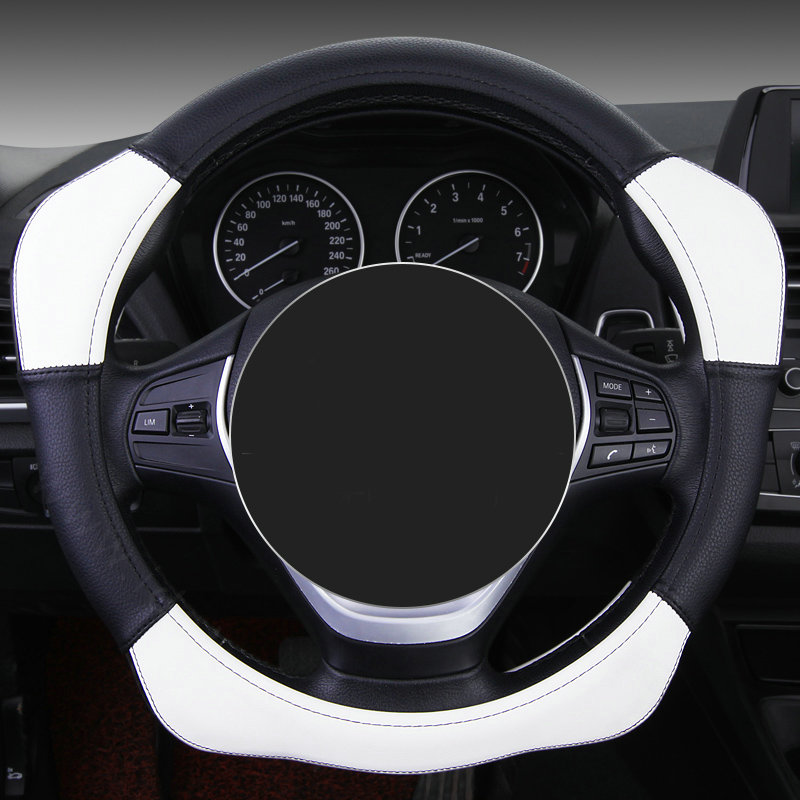 Sports Handle Grip Car Steering Wheel Covers Genuine Leather 15 inch 38CM - White Black