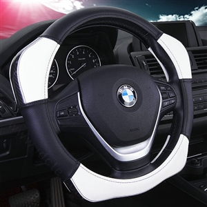 Sports Handle Grip Car Steering Wheel Covers Genuine Leather 15 inch 38CM - White Black