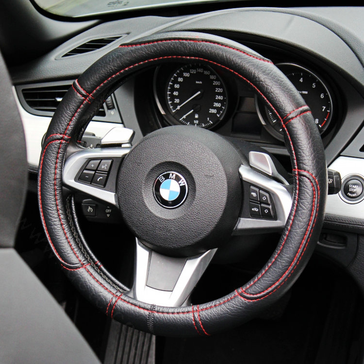 Sports Man Leather Car Steering Wheel Cover 38CM/15'' Anti-catch Holder Protector - Black Red