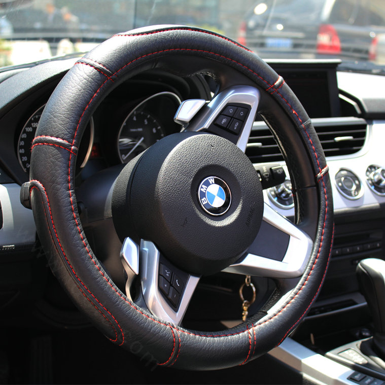 Sports Man Leather Car Steering Wheel Cover 38CM/15'' Anti-catch Holder Protector - Black Red