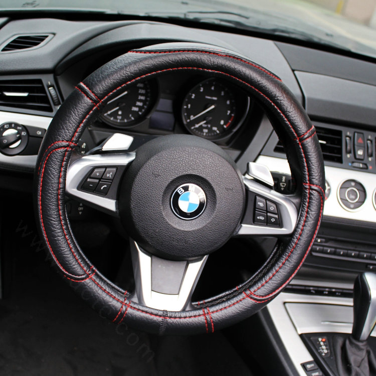 Sports Man Leather Car Steering Wheel Cover 38CM/15'' Anti-catch Holder Protector - Black Red