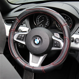 Sports Man Leather Car Steering Wheel Cover 38CM/15'' Anti-catch Holder Protector - Black Red