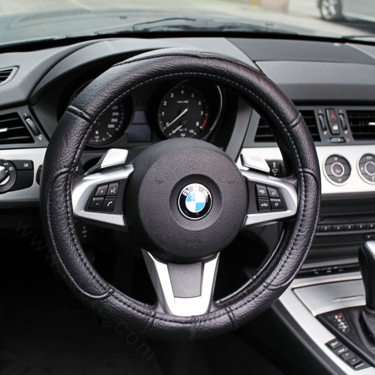 Sports Man Leather Car Steering Wheel Cover 38CM/15'' Anti-catch Holder Protector - Black