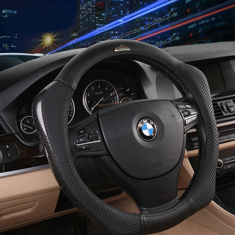 Sports Version Genuine Leather Grip Car Steering Wheel Covers 15 inch 38CM - Black