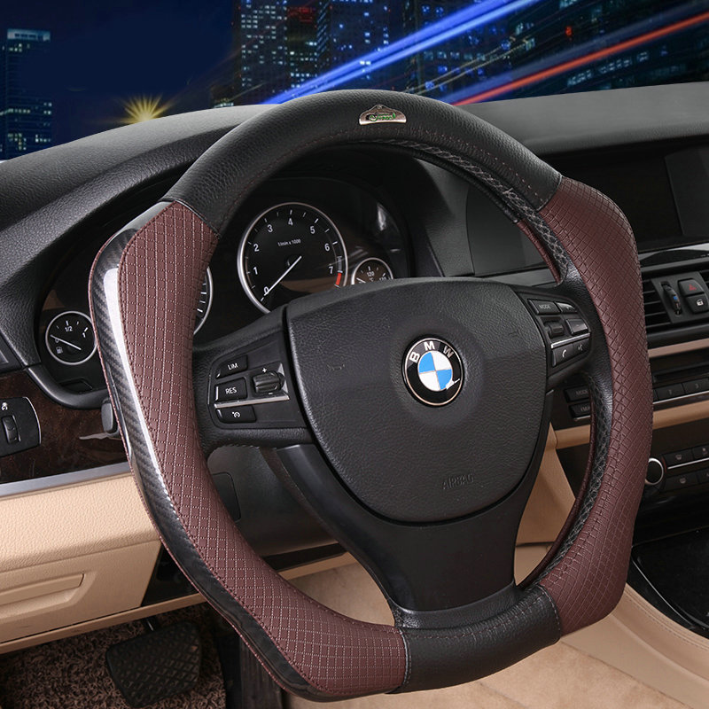 Sports Version Genuine Leather Grip Car Steering Wheel Covers 15 inch 38CM - Coffee