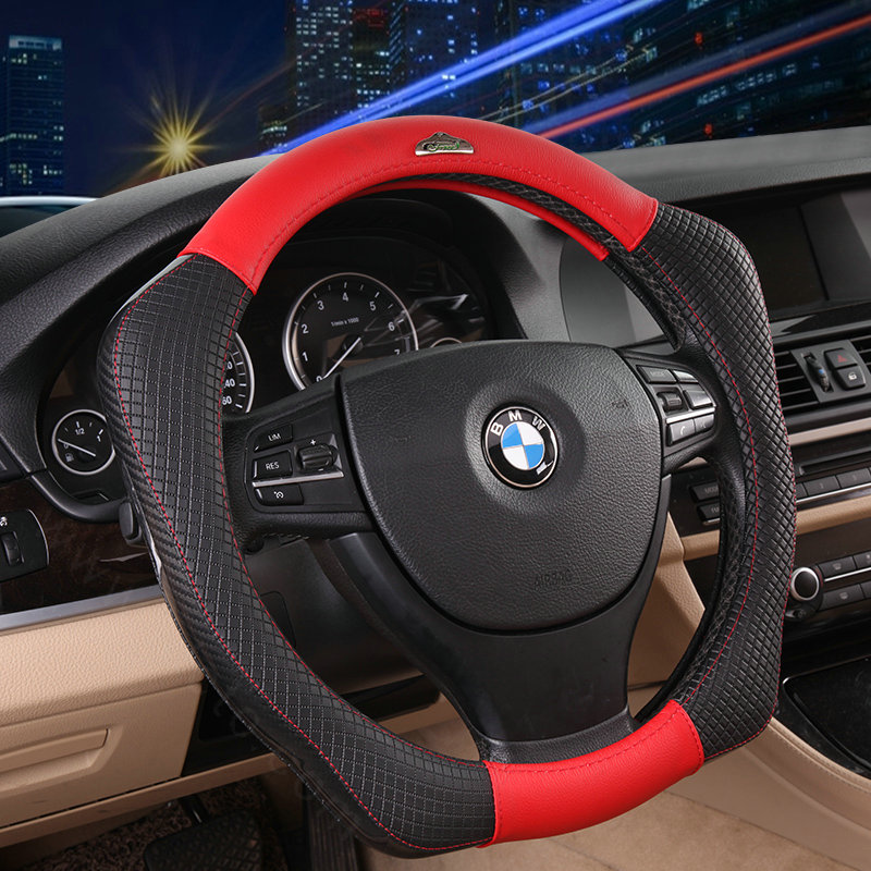 Sports Version Genuine Leather Grip Car Steering Wheel Covers 15 inch 38CM - Red Black