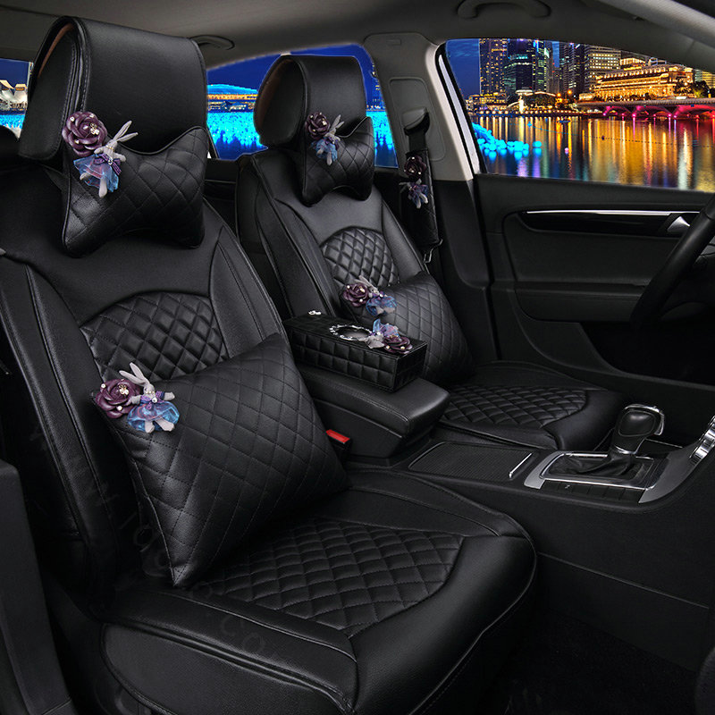 Super Female Car Seat Covers Four Seasons General Leather Packs Cushion for 5 Seats 10pcs - Black