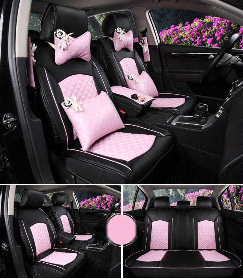 Super Female Car Seat Covers Four Seasons General Leather Packs Cushion for 5 Seats 10pcs - Pink