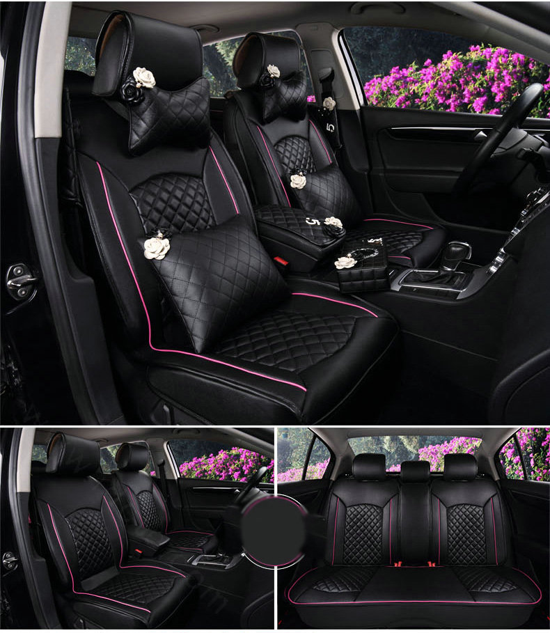 Super Female Car Seat Covers Four Seasons General Leather Packs Cushion for 5 Seats 10pcs -  Rose Black