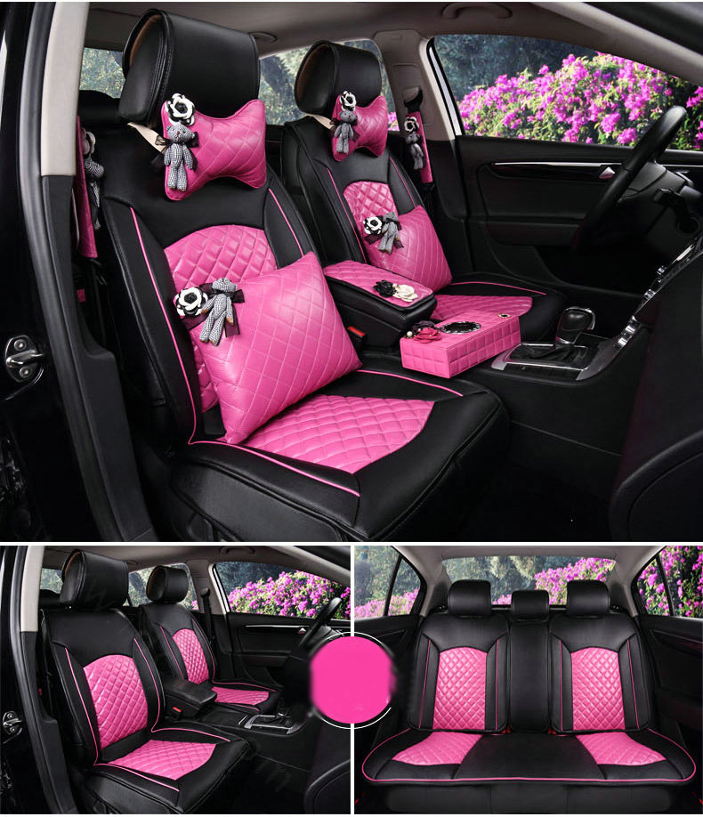 Super Female Car Seat Covers Four Seasons General Leather Packs Cushion for 5 Seats 10pcs - Rose