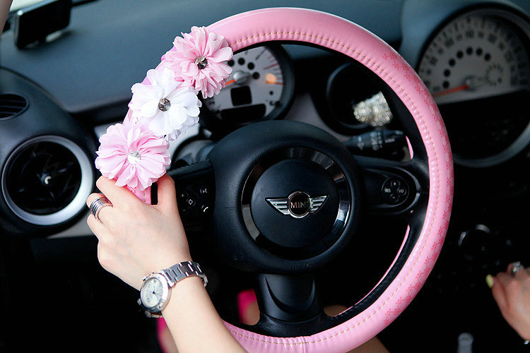 Sweet Girl Flower PU Leather Car Steering Wheel Covers Diamond 15 inch 38CM - Pink