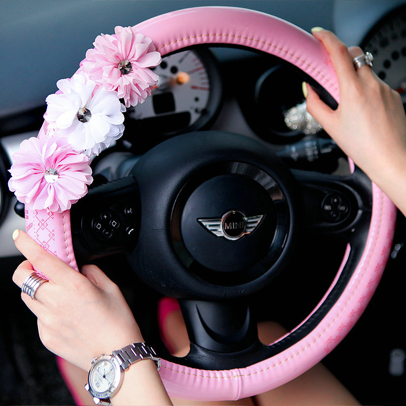 Sweet Girl Flower PU Leather Car Steering Wheel Covers Diamond 15 inch 38CM - Pink