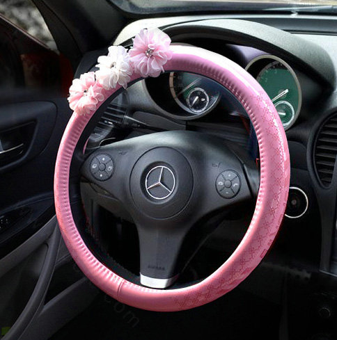Sweet Girl Flower PU Leather Car Steering Wheel Covers Diamond 15 inch 38CM - Pink