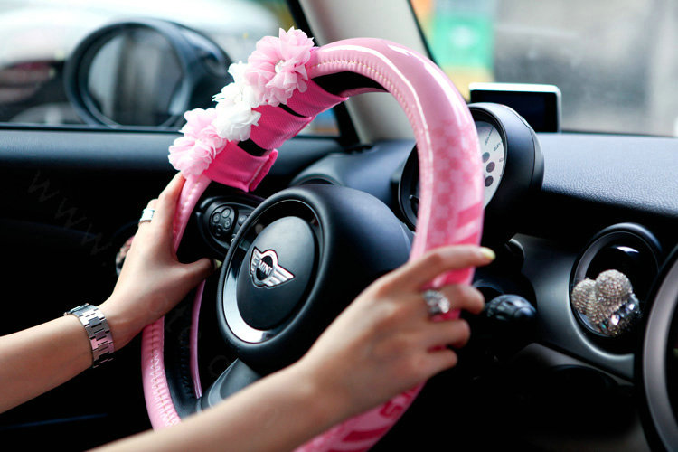 Sweet Girl Flower PU Leather Car Steering Wheel Covers Diamond 15 inch 38CM - Pink