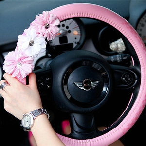 Sweet Girl Flower PU Leather Car Steering Wheel Covers Diamond 15 inch 38CM - Pink
