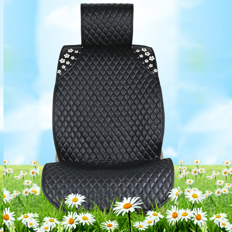 Sweety Flower Crystal Leather Car Seat Cushion Universal Auto Seat Covers 10pcs Sets - Black