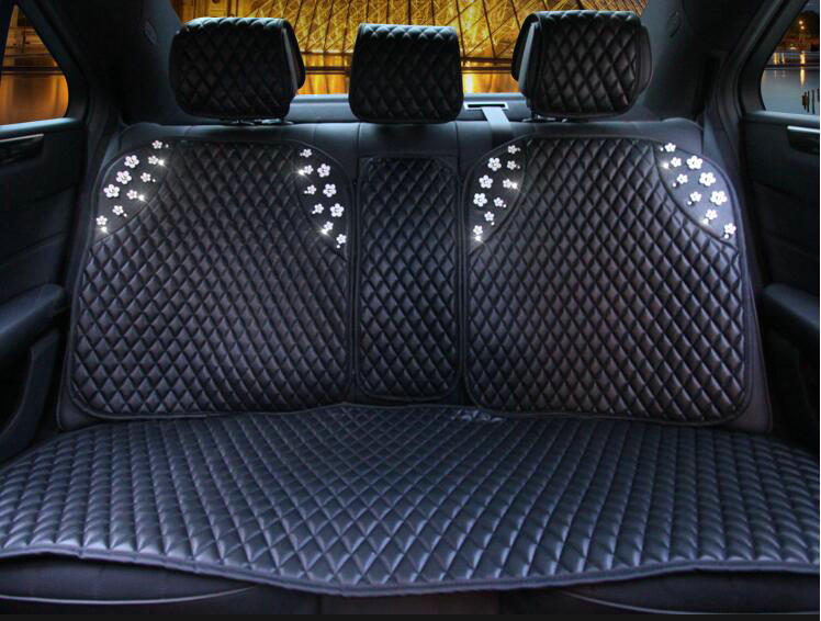 Sweety Flower Crystal Leather Car Seat Cushion Universal Auto Seat Covers 10pcs Sets - Black