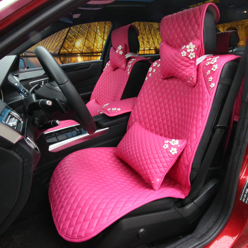 Sweety Flower Crystal Leather Car Seat Cushion Universal Auto Seat Covers 10pcs Sets - Pink