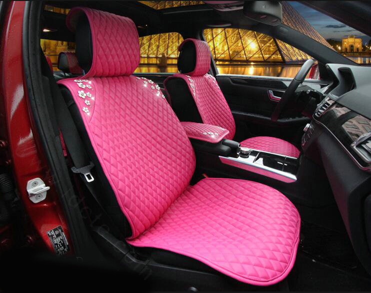 Sweety Flower Crystal Leather Car Seat Cushion Universal Auto Seat Covers 10pcs Sets - Pink