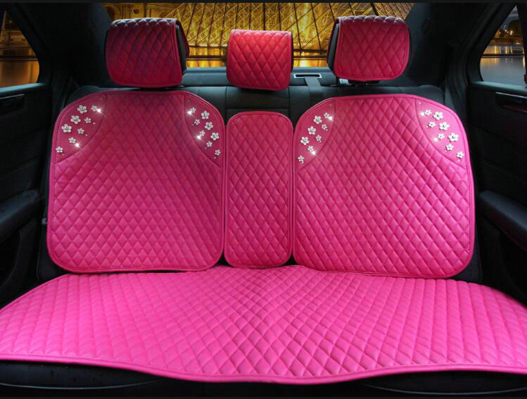 Sweety Flower Crystal Leather Car Seat Cushion Universal Auto Seat Covers 10pcs Sets - Pink
