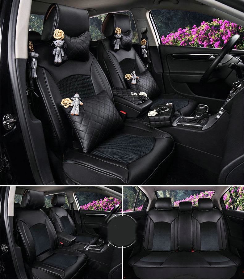Top Leather Car Seat Covers Four Seasons General Ice Silk Cushion for 5 Seats 10pcs - Black