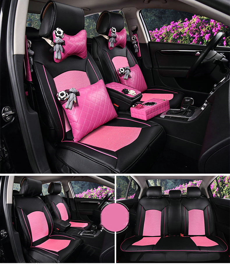 Top Leather Car Seat Covers Four Seasons General Ice Silk Cushion for 5 Seats 10pcs - Pink