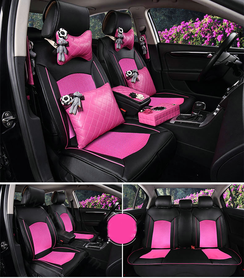 Top Leather Car Seat Covers Four Seasons General Ice Silk Cushion for 5 Seats 10pcs - Rose