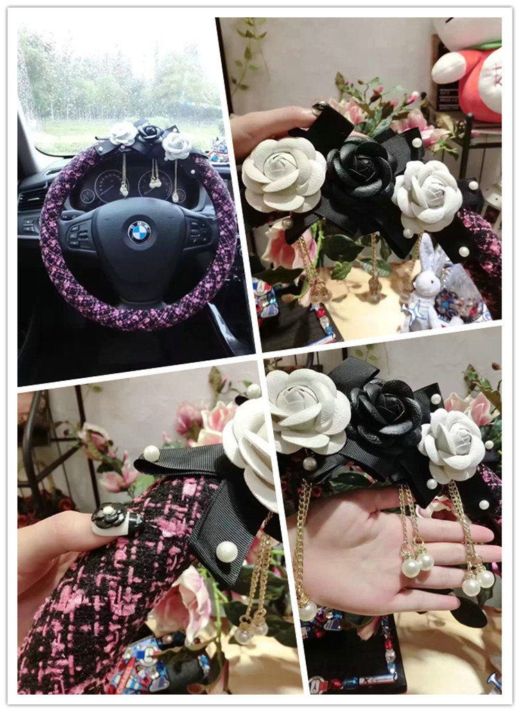 Top Quality Pearl Tassel Flower Linen Vehicle Steering Wheel Covers 15 inch 38CM - Black Pink