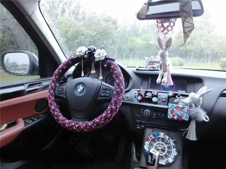 Top Quality Pearl Tassel Flower Linen Vehicle Steering Wheel Covers 15 inch 38CM - Black Pink