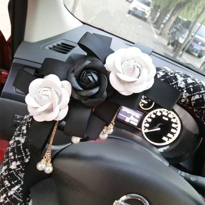 Top Quality Pearl Tassel Flower Linen Vehicle Steering Wheel Covers 15 inch 38CM - Black White