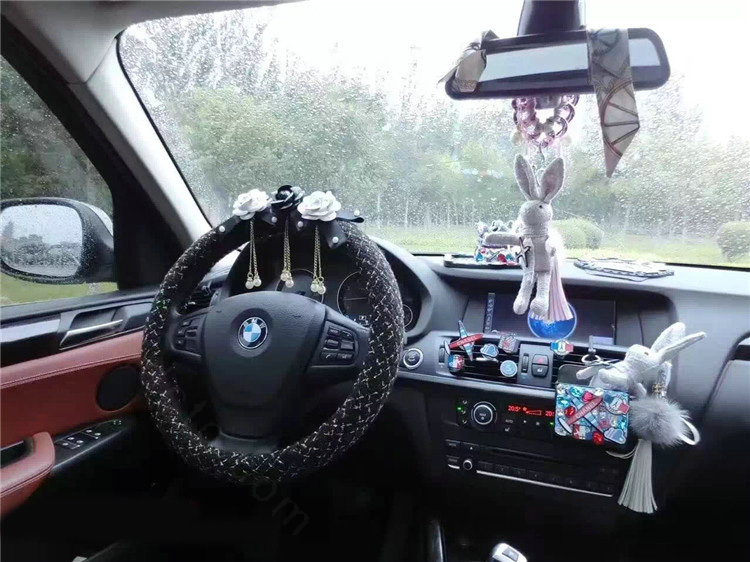 Top Quality Pearl Tassel Flower Linen Vehicle Steering Wheel Covers 15 inch 38CM - Black