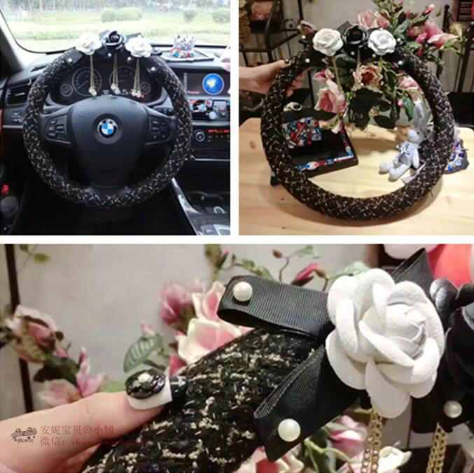 Top Quality Pearl Tassel Flower Linen Vehicle Steering Wheel Covers 15 inch 38CM - Black