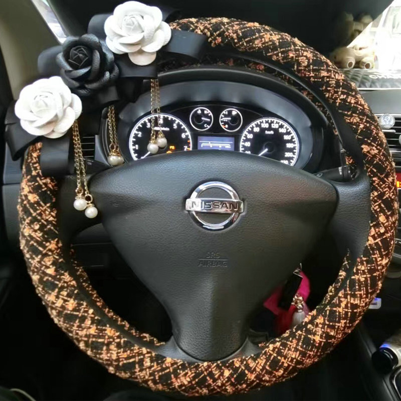 Top Quality Pearl Tassel Flower Linen Vehicle Steering Wheel Covers 15 inch 38CM - Gold