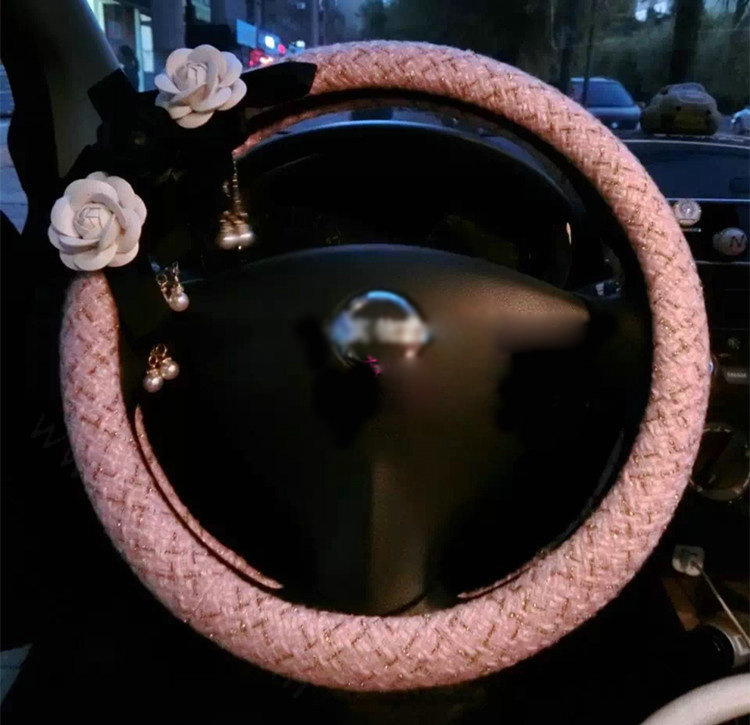 Top Quality Pearl Tassel Flower Linen Vehicle Steering Wheel Covers 15 inch 38CM - Pink