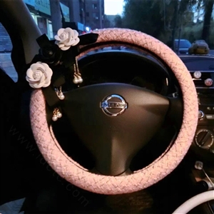 Top Quality Pearl Tassel Flower Linen Vehicle Steering Wheel Covers 15 inch 38CM - Pink