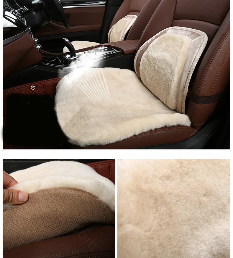Top Quality Pure Wool Universal Car Front Seat Cushion Sheepskin Fur Waist Pads 2pcs - Beige