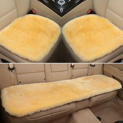 Top Quality Pure Wool Universal Car Seat Cushion Sheepskin Fur One Piece Pads 3pcs Set - Beige