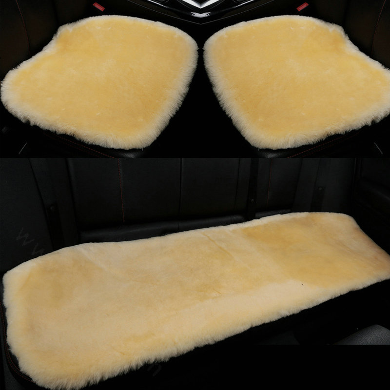 Top Quality Pure Wool Universal Car Seat Cushion Sheepskin Fur One Piece Pads 3pcs Set - Beige