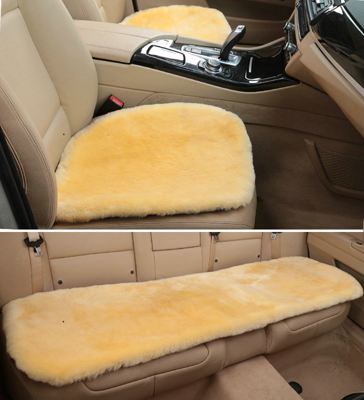 Top Quality Pure Wool Universal Car Seat Cushion Sheepskin Fur One Piece Pads 3pcs Set - Beige