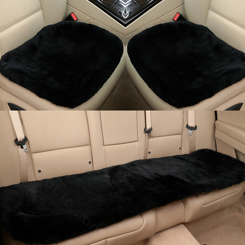 Top Quality Pure Wool Universal Car Seat Cushion Sheepskin Fur One Piece Pads 3pcs Set - Black