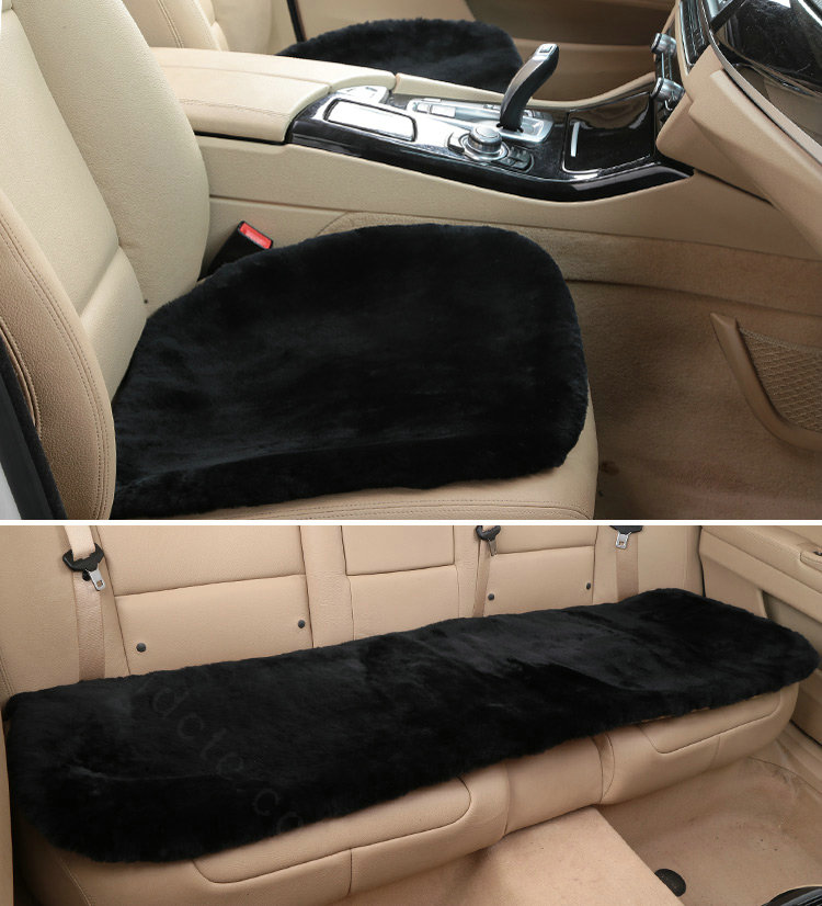 Top Quality Pure Wool Universal Car Seat Cushion Sheepskin Fur One Piece Pads 3pcs Set - Black