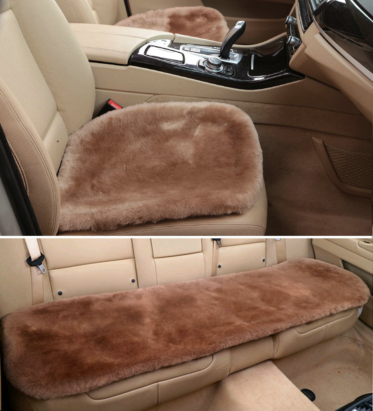 Top Quality Pure Wool Universal Car Seat Cushion Sheepskin Fur One Piece Pads 3pcs Set - Camel