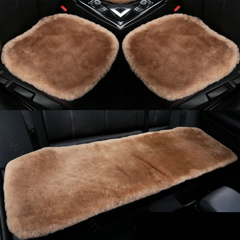 Top Quality Pure Wool Universal Car Seat Cushion Sheepskin Fur One Piece Pads 3pcs Set - Camel