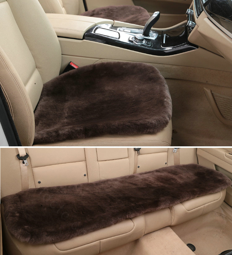 Top Quality Pure Wool Universal Car Seat Cushion Sheepskin Fur One Piece Pads 3pcs Set - Coffee