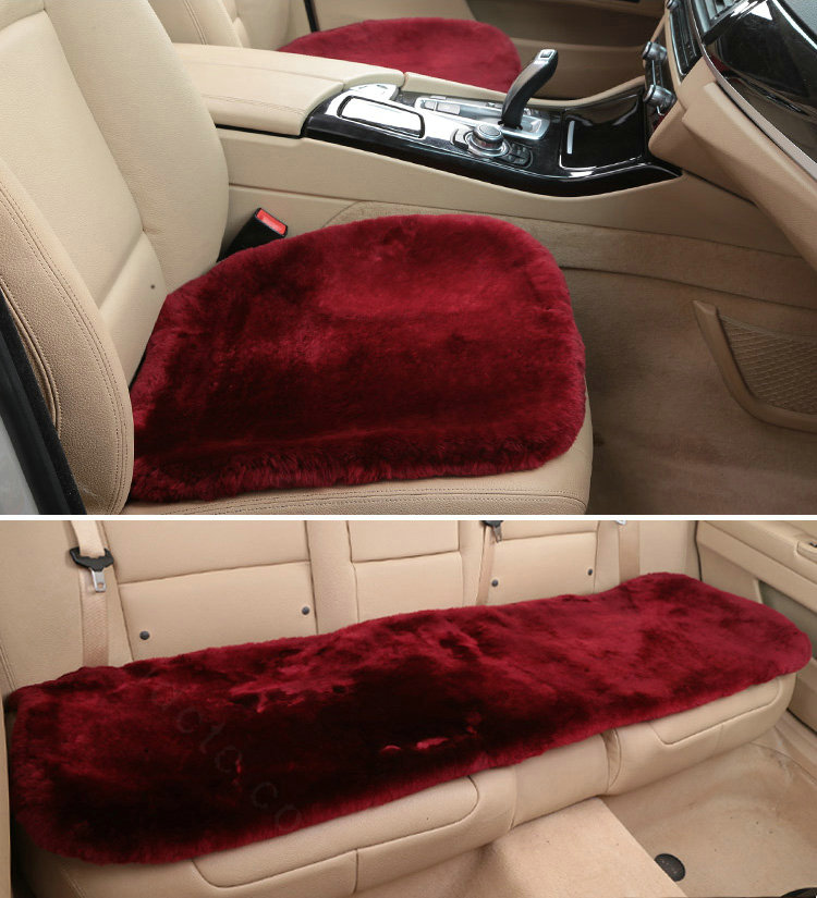 Top Quality Pure Wool Universal Car Seat Cushion Sheepskin Fur One Piece Pads 3pcs Set - Dark Red