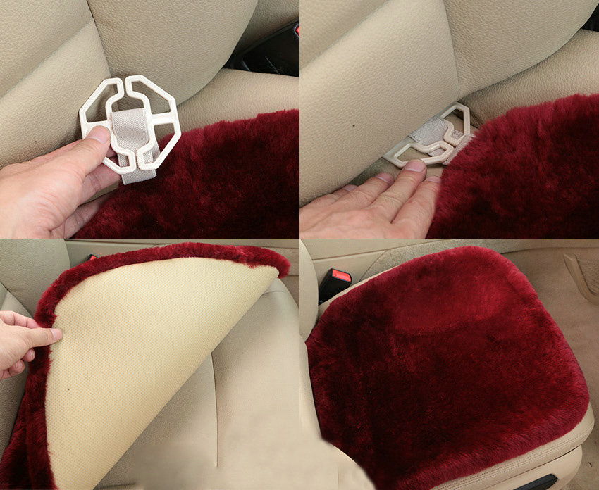 Top Quality Pure Wool Universal Car Seat Cushion Sheepskin Fur One Piece Pads 3pcs Set - Dark Red