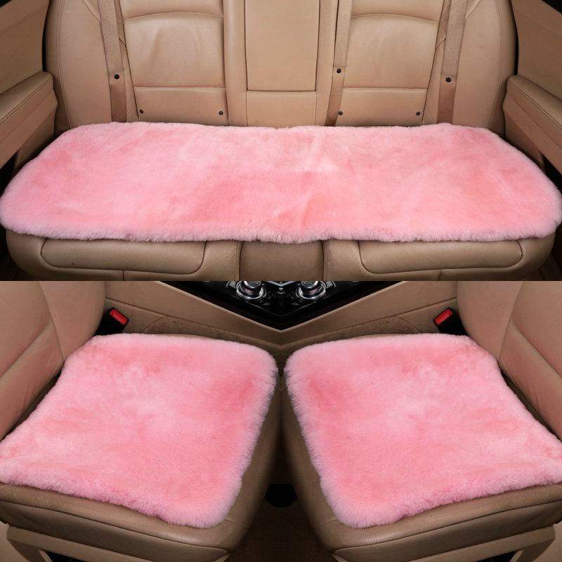 Top Quality Pure Wool Universal Car Seat Cushion Sheepskin Fur One Piece Pads 3pcs Set - Pink