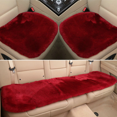 Top Quality Pure Wool Universal Car Seat Cushion Sheepskin Fur One Piece Pads 3pcs Set - Red