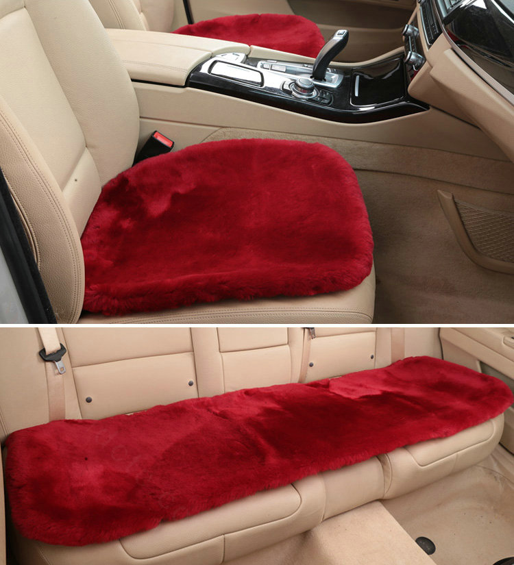 Top Quality Pure Wool Universal Car Seat Cushion Sheepskin Fur One Piece Pads 3pcs Set - Red